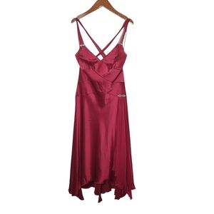 Jones New York Deep Red Satin Cocktail Crystal Pin Dress NWT Mid Calf S…